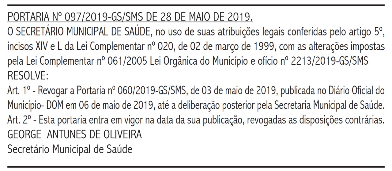 Diário Oficial do Município traz revogação de portaria sobre jornada dos servidores da saúde
